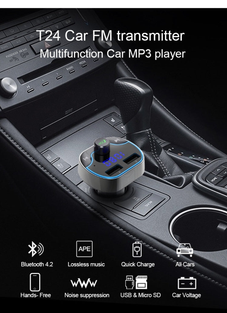 T24FM Transmitter Quick Charge Voice Navigation Car Hands-free Phone Bluetooth MP3 Player Black - Bluetooth Car Kits by buy2fix | Online Shopping UK | buy2fix