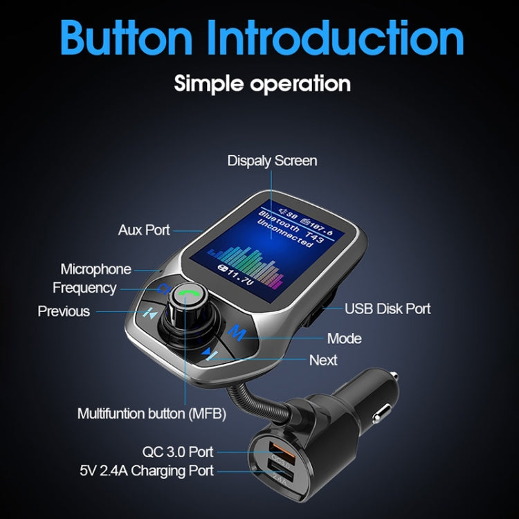 T43 Car Bluetooth Mp3 Multi-function Large Color Screen QC3.0 Bluetooth Car Charge Lossless Car Bluetooth Player - Bluetooth Car Kits by buy2fix | Online Shopping UK | buy2fix