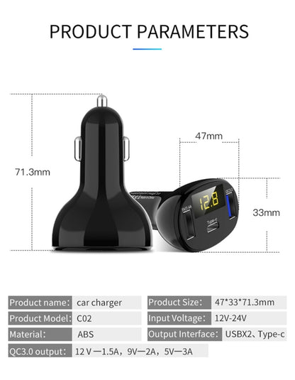 C02 Car Power Adapter in-car Phone Charger Type-C Fast Charger QC3.0 Dual USB Ports DC5V 2.4A 12V 24V Cigarette Lighter Power Supply - In Car by buy2fix | Online Shopping UK | buy2fix