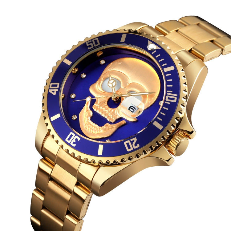 SKMEI 9195 Fashion Water-inlaid Drill Skull Nightlight Waterproof Quartz Watch Steel Strip Watch for Men(Golden Blue) - Other Watches by SKMEI | Online Shopping UK | buy2fix