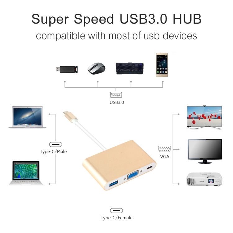 USB Type C to VGA 3-in-1 Hub Adapter supports USB Type C tablets and laptops for Macbook Pro / Google ChromeBook(Silver) - Computer & Networking by buy2fix | Online Shopping UK | buy2fix