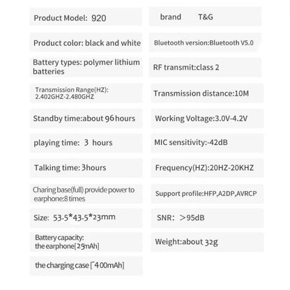 T&G TG920 TWS Bluetooth5.0 Touch Control Earbud Hi-Fi  Sound Quality Clear Durable Pop-up Wireless Bluetooth Earphone - TWS Earphone by T&G | Online Shopping UK | buy2fix