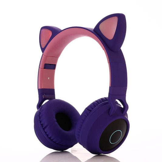 BT028C Cute Cat Ear Bluetooth 5.0 Headphones Foldable On-Ear Stereo Wireless Headset Headphone with Mic / LED Light / FM Radio / TF Card(Purple) by buy2fix