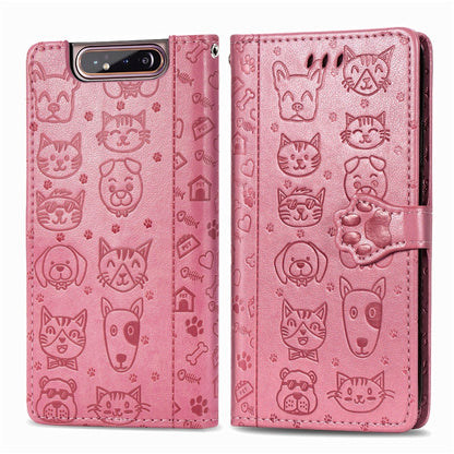 For Galaxy A80/A90 Cute Cat and Dog Embossed Horizontal Flip Leather Case with Bracket / Card Slot / Wallet / Lanyard(Pink) by buy2fix