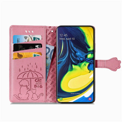 For Galaxy A80/A90 Cute Cat and Dog Embossed Horizontal Flip Leather Case with Bracket / Card Slot / Wallet / Lanyard(Pink) by buy2fix