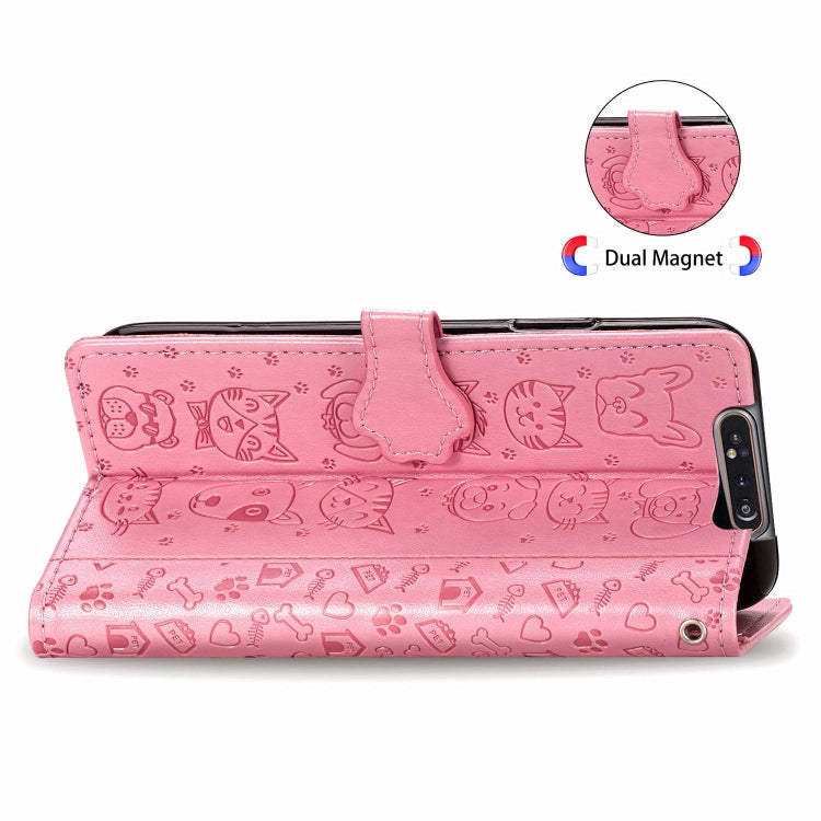 For Galaxy A80/A90 Cute Cat and Dog Embossed Horizontal Flip Leather Case with Bracket / Card Slot / Wallet / Lanyard(Pink) by buy2fix