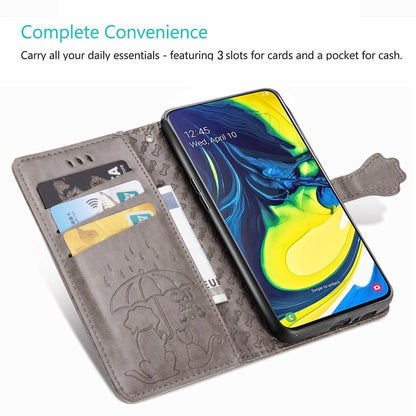 For Galaxy A80/A90 Cute Cat and Dog Embossed Horizontal Flip Leather Case with Bracket / Card Slot / Wallet / Lanyard(Pink) by buy2fix