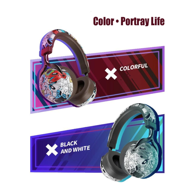 VJ086 Graffiti Headset Wireless Sports Bluetooth Headset Water Transfer Color Print Headset, Support TF, FM(Black+White) - Headset & Headphone by buy2fix | Online Shopping UK | buy2fix