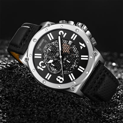 Ochstin 6122 Multi Function Quartz Watch Sports Luminous Waterproof Watch Calendar Leather Men Watch(Silver Black) - Leather Strap Watches by OCHSTIN | Online Shopping UK | buy2fix