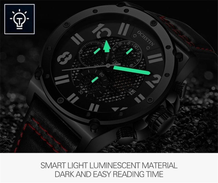 Ochstin 6122 Multi Function Quartz Watch Sports Luminous Waterproof Watch Calendar Leather Men Watch(Silver Black) - Leather Strap Watches by OCHSTIN | Online Shopping UK | buy2fix