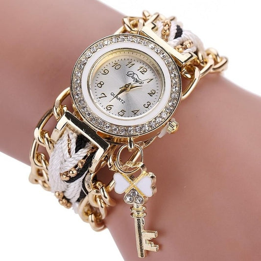 Women Round Dial Diamond Braided Hand Strap Quartz Watch with Key Pendant(White) - Bracelet Watches by buy2fix | Online Shopping UK | buy2fix