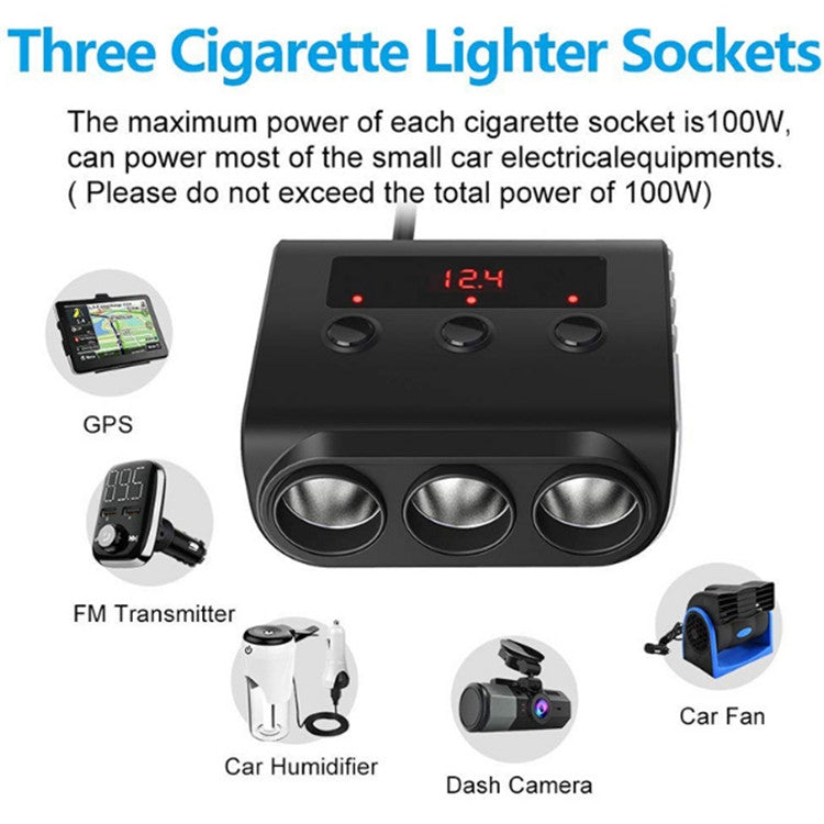TR12 3 in 1 100W 4USB Car Cigarette Lighter with Switch Voltage Display - Cigar Socket by buy2fix | Online Shopping UK | buy2fix
