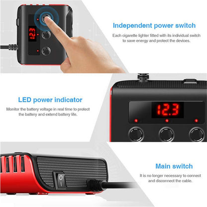 TR12 3 in 1 100W 4USB Car Cigarette Lighter with Switch Voltage Display - Cigar Socket by buy2fix | Online Shopping UK | buy2fix