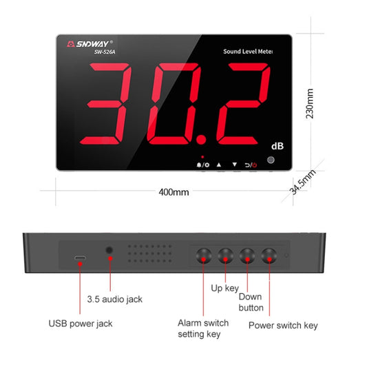 SNDWAY Wall-mounted 30~130dB Large Screen Digital Display Noise Decibel Monitoring Testers, Specification:SW526A 18 inch Display by SNDWAY