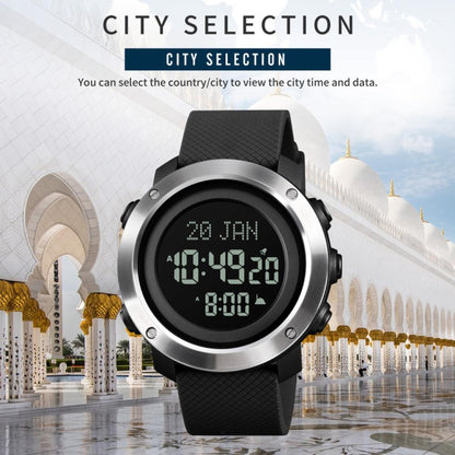 SKMEI 1728 Muslim Worships Watch Multifunctional Reminder Prayer Direction Compatriots Watch, Style:Steel Circle Edition(Black Black Machine) - LED Digital Watches by SKMEI | Online Shopping UK | buy2fix