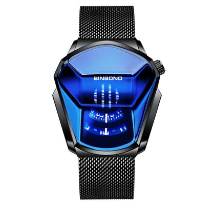 BINBOND Locomotive Concept Watch Men Live Black Technology Watch(Black Net Belt-Black Steel-Blue Face) - Metal Strap Watches by BINBOND | Online Shopping UK | buy2fix