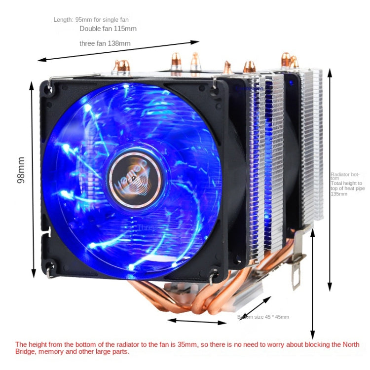 Desktop Computer 6 Copper Tube CPU Radiator Super Quiet Blue Light 3-pin Single Fan - Fan Cooling by buy2fix | Online Shopping UK | buy2fix