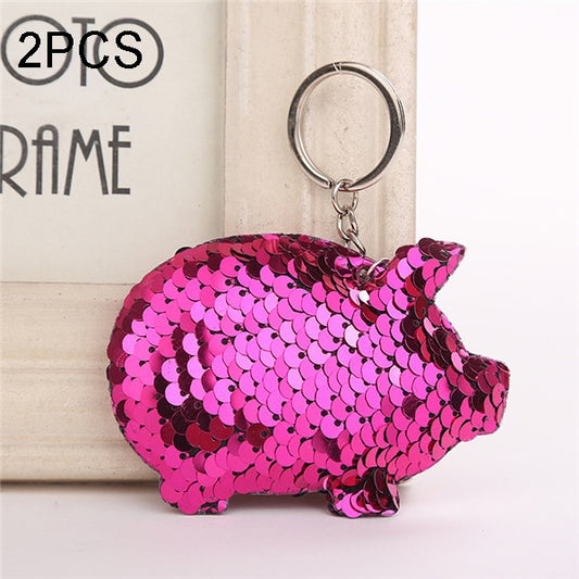 2PCS Cute Chaveiro Pig Keychain Glitter Pompom Sequins Key Chain Gifts for Women Llaveros Mujer Car Bag Accessories Key Ring(magenta) - Key Rings by buy2fix | Online Shopping UK | buy2fix