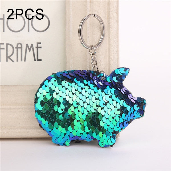2PCS Cute Chaveiro Pig Keychain Glitter Pompom Sequins Key Chain Gifts for Women Llaveros Mujer Car Bag Accessories Key Ring(blue) by buy2fix