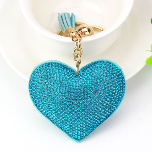 Heart Keychain Leather Tassel Gold Key Holder Metal Crystal Key Chain Keyring Charm Bag Auto Pendant Gift(lake blue) by buy2fix