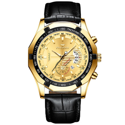 FNGEEN S001 Men Waterproof Watch Calendar Watch(Black Leather Full Gold Golden Surface) - Alloy Watches by FNGEEN | Online Shopping UK | buy2fix