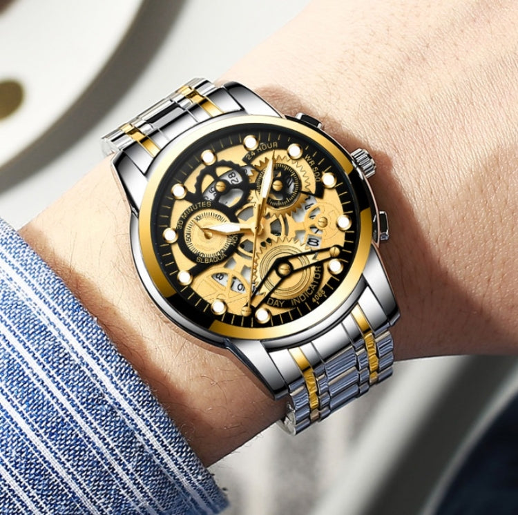 FNGEEN 4088 Men Hollow Quartz Watch Student Waterproof Luminous Watch(Gold Black Surface) - Alloy Watches by FNGEEN | Online Shopping UK | buy2fix