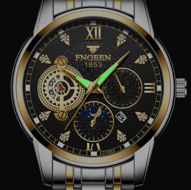 FNGEEN 2166 Men Three-eye Hollow Quartz Watch Student Sports Electronic Watch(Black Steel Black Surface Gold Nails) - Metal Strap Watches by FNGEEN | Online Shopping UK | buy2fix