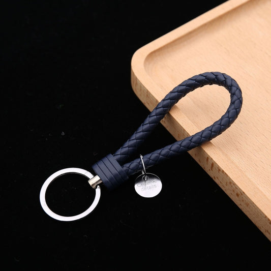 Woven Leather Cord Keychain Car Pendant Leather Key Ring Baotou With Small Round Piece(Navy) by buy2fix