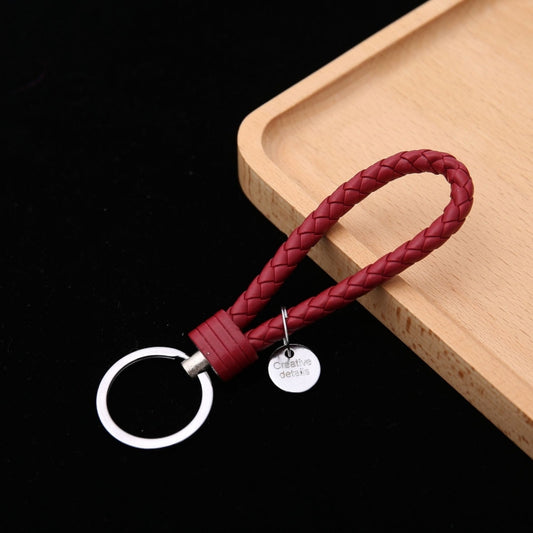 Woven Leather Cord Keychain Car Pendant Leather Key Ring Baotou With Small Round Piece(Red Wine) by buy2fix