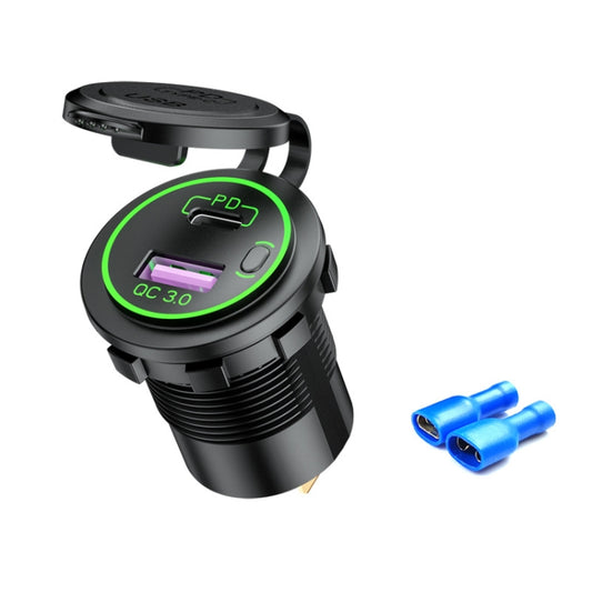 Car Motorcycle Ship Modified USB Charger Waterproof PD + QC3.0 Fast Charge, Model: Green Light With Terminal - In Car by buy2fix | Online Shopping UK | buy2fix