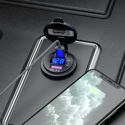 12V Modified Car USB Charger With Voltage Display PD QC3.0 Socket(With 60cm Line Blue Light) by buy2fix