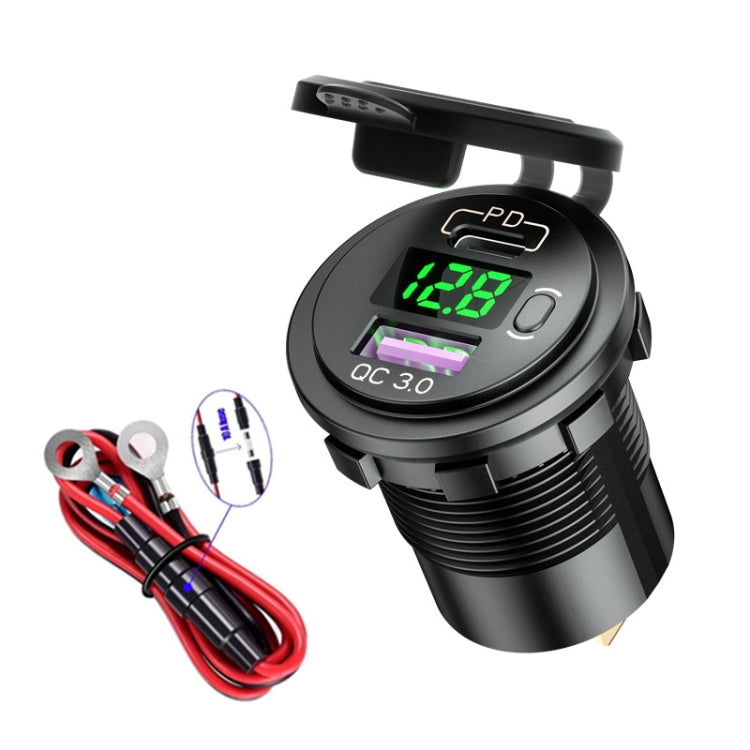 P21-B 12V Modified Car USB Charger With Voltage Display PD QC3.0 Socket(With 60cm Line Green Light) - Car Charger by buy2fix | Online Shopping UK | buy2fix