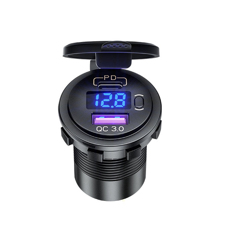 P21-B 12V Modified Car USB Charger With Voltage Display PD QC3.0 Socket(With 60cm Line Blue Light) - Car Charger by buy2fix | Online Shopping UK | buy2fix