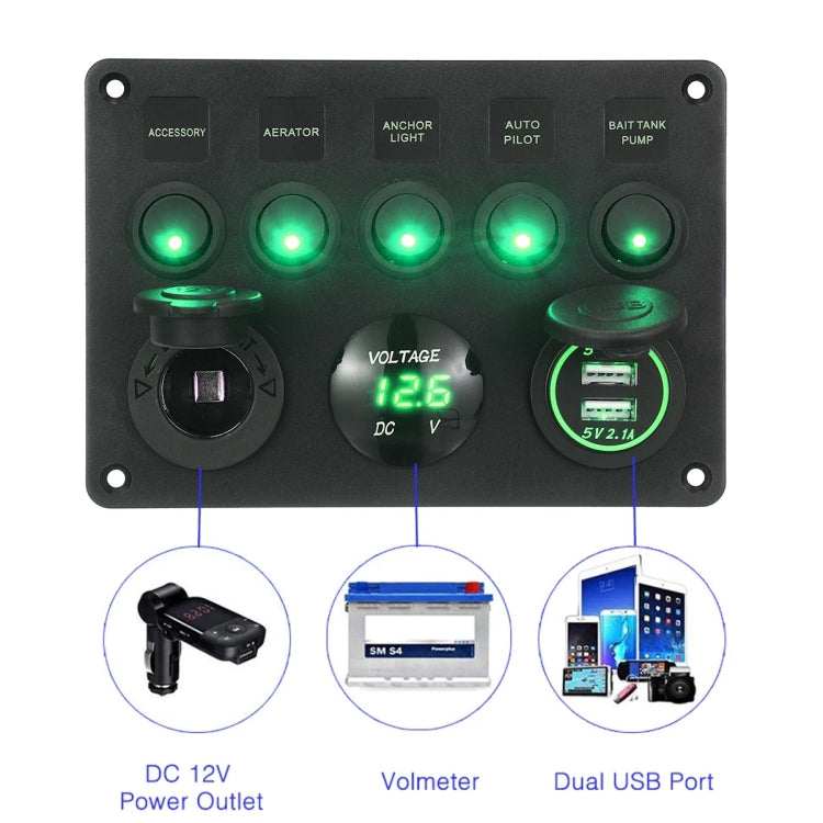 RV Yacht Car Combination Cat Eye Switch Dual USB Car Charging Control Panel With Voltmeter (Green Light) - In Car by buy2fix | Online Shopping UK | buy2fix