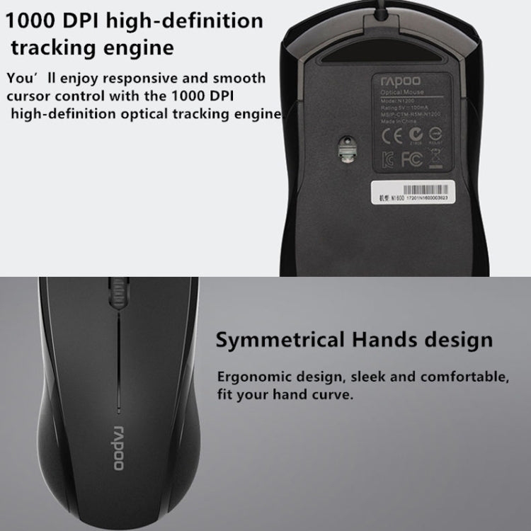 Rapoo N1600 1000 DPI 3 Keys Office Business Silent Wired Mouse, Cable Length: 1.5m(Black) by Rapoo
