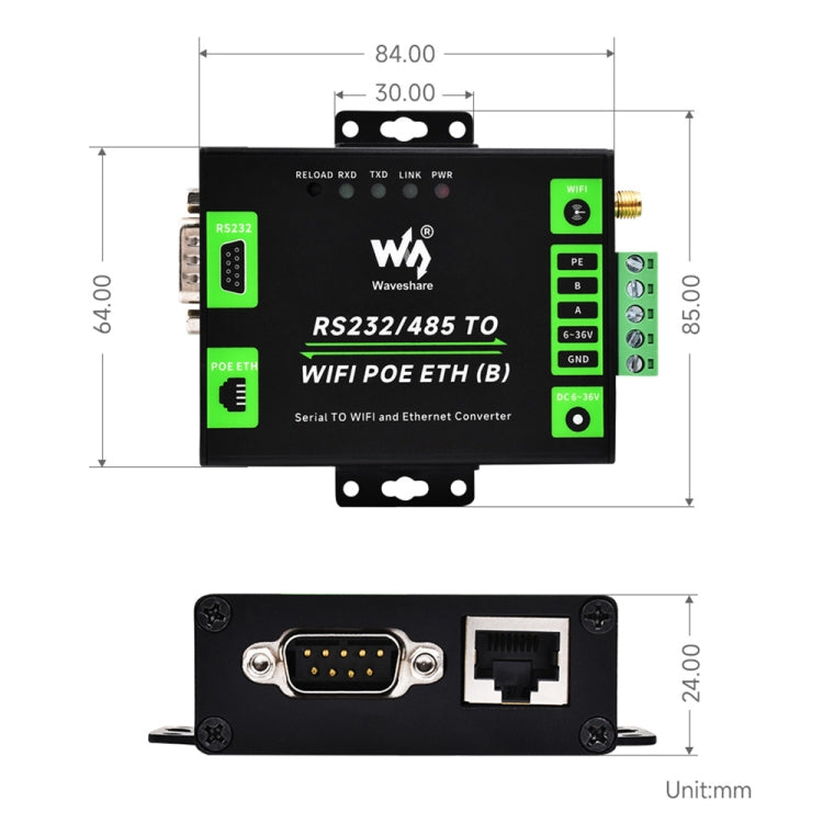 Waveshare Industrial Grade Serial Server RS232/485 to WiFi / Ethernet RJ45 Network Port with POE Support - Other Accessories by Waveshare | Online Shopping UK | buy2fix