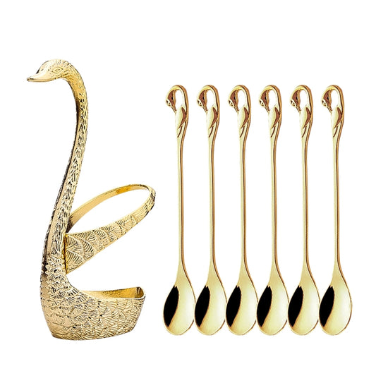 Swan Fruit Fork And Spoon Set Dessert Fork Fruit Fork Rack Tableware Wedding Gift, Colour: Golden Stripe With 6 Spoons - Home & Garden by buy2fix | Online Shopping UK | buy2fix