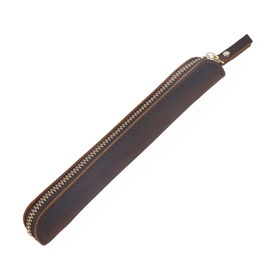 Retro Simple Leather Stylus Leather Zipper Pen Protection Case Crazy Horse Skin Mini Pen Case(Deep Brown) - Home & Garden by buy2fix | Online Shopping UK | buy2fix