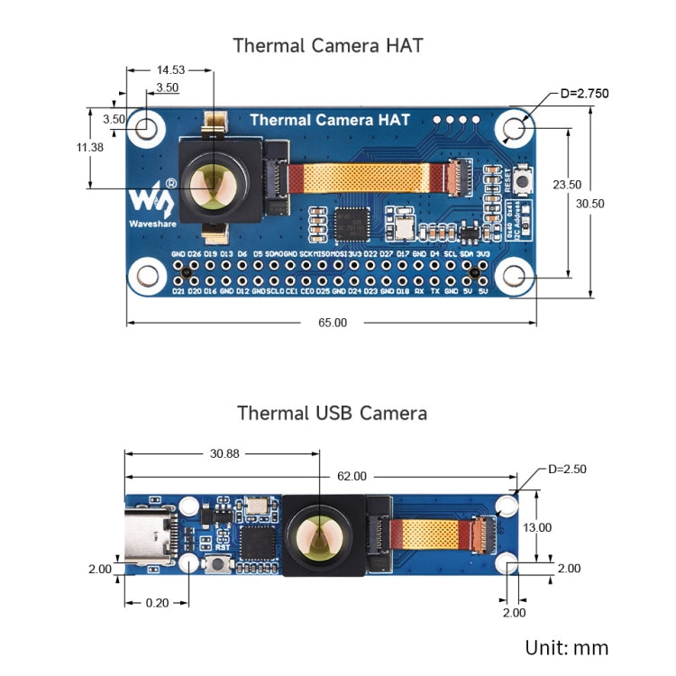 Waveshare Long-Wave IR Thermal Imaging Camera Module, 80×62 Pixels, 45°FOV(40PIN GPIO Header) - Module by Waveshare | Online Shopping UK | buy2fix