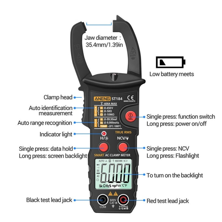 ANENG ST184 Automatically Identify Clamp-On Smart Digital Multimeter(Red) - Consumer Electronics by ANENG | Online Shopping UK | buy2fix