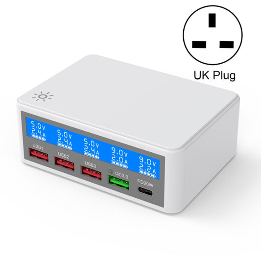 618 QC3.0 + PD20W + 3 x USB Ports Charger with Smart LCD Display, UK Plug (White) - Multifunction Charger by buy2fix | Online Shopping UK | buy2fix