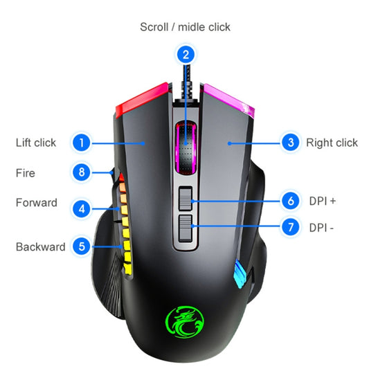 IMICE T70 8-Button 7200DPI RGB Lighting Programmable Wired Gaming Mouse, Cable Length: 1.8m(Black) by IMICE