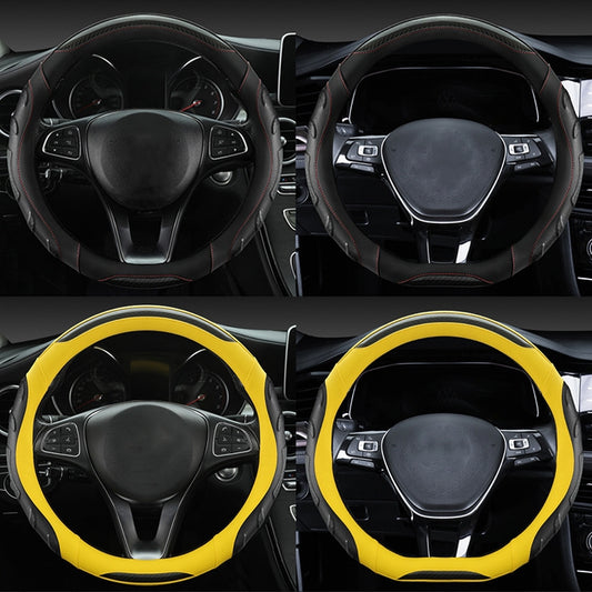Leather Carbon Fiber Stitching Car Steering Wheel Set, Diameter: 38cm(Black Yellow Round) by buy2fix