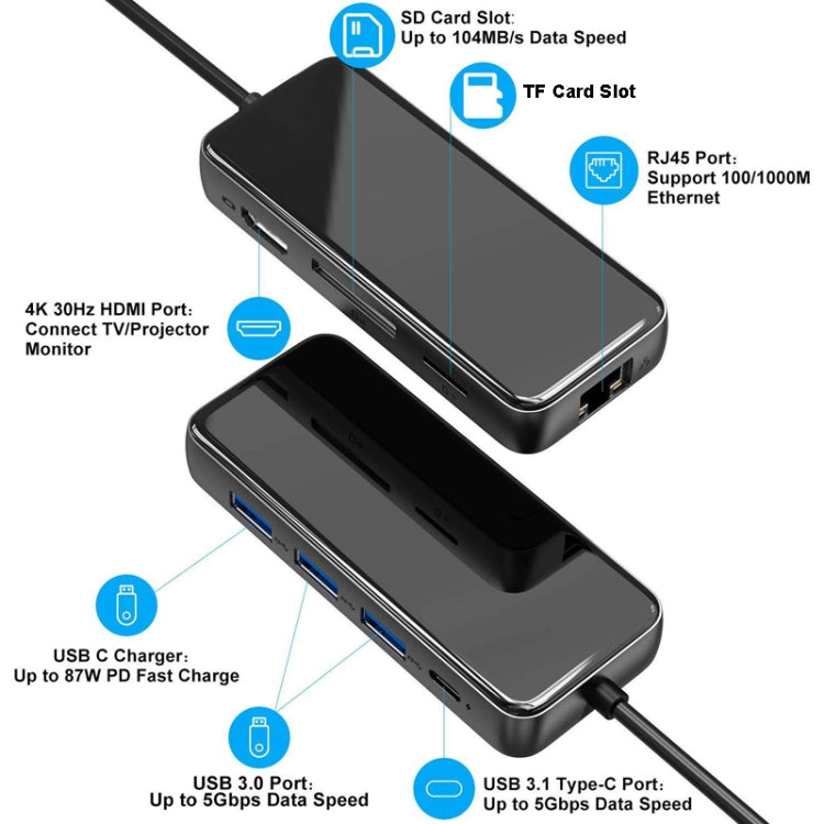 Type-C Extension Dock HDMI Hub Mirror Laptop 8 In 1 Converter(Black) - Computer & Networking by buy2fix | Online Shopping UK | buy2fix