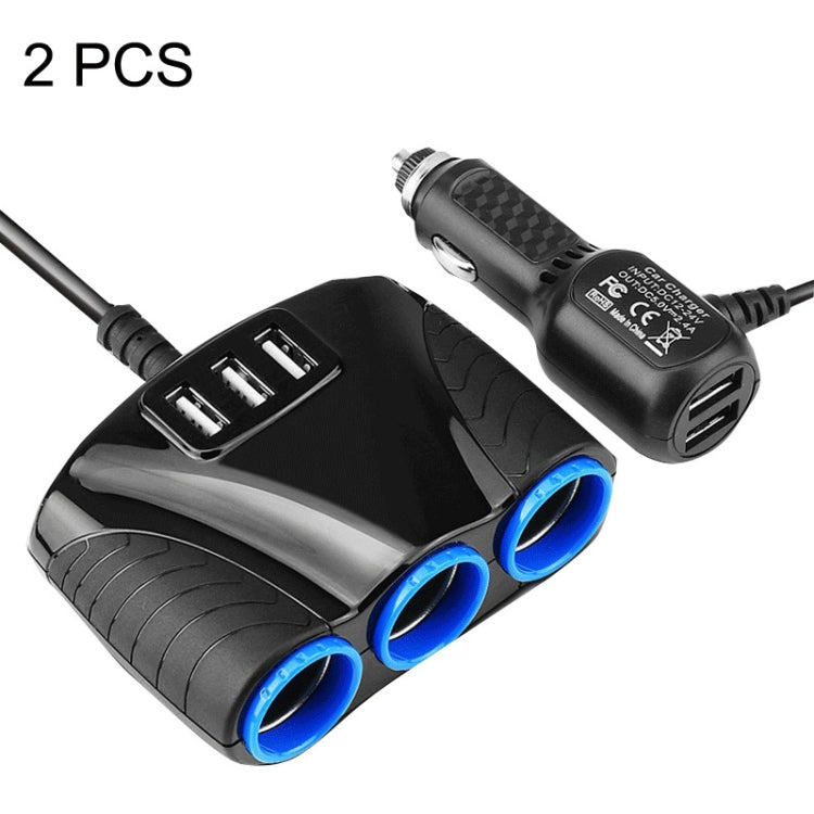 2 PCS 120W Multifunctional USB 3 In 1 Car Cigarette Lighter Car Charger, Style: 3 Ports(Blue Black) - In Car by buy2fix | Online Shopping UK | buy2fix