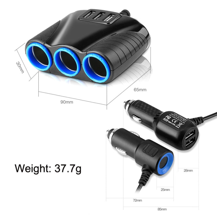 2 PCS 120W Multifunctional USB 3 In 1 Car Cigarette Lighter Car Charger, Style: 3 Ports(Blue Black) - In Car by buy2fix | Online Shopping UK | buy2fix