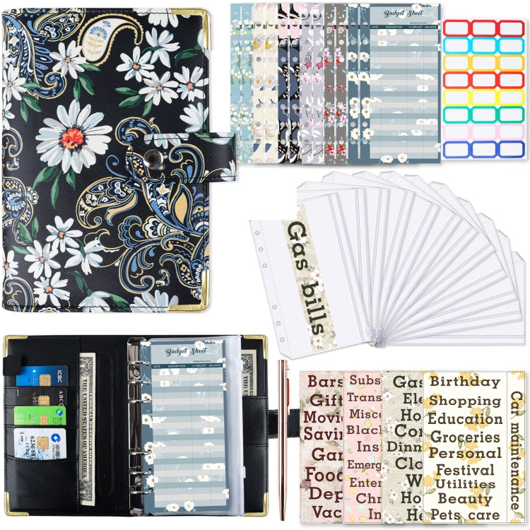 A6 PU Leather Color Printing Notebook Zipper Bag Loose-leaf Budget Binder(Daisy-Black) - Notebooks by buy2fix | Online Shopping UK | buy2fix