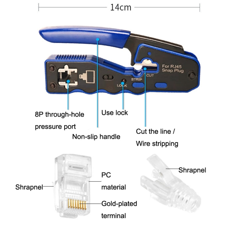 Rj45 8P Through-hole Crystal Head Connector Jacket Network Tool Stripping Wire Cable Pliers Set(Blue) - Lan Cable and Tools by buy2fix | Online Shopping UK | buy2fix