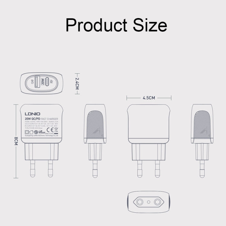 LDNIO A2316C 20W PD+QC 3.0 Phone USB Multi-hole Fast Charger EU Plug with 8 Pin Cable - Mobile Accessories by LDNIO | Online Shopping UK | buy2fix