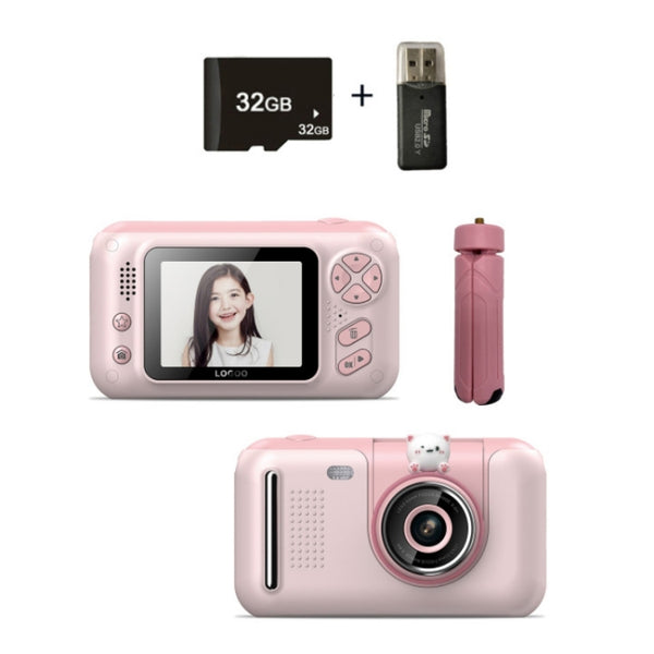 2.4 Inch Children HD Reversible Photo SLR Camera, Color: Pink + 32G Memory Card + Card Reader by buy2fix
